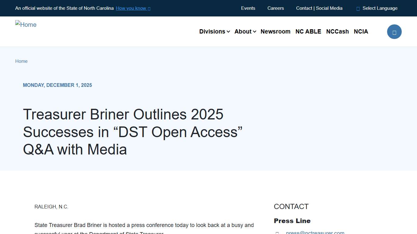 Treasurer Briner Outlines 2025 Successes in “DST Open Access” Q&A with Media NC Treasurer