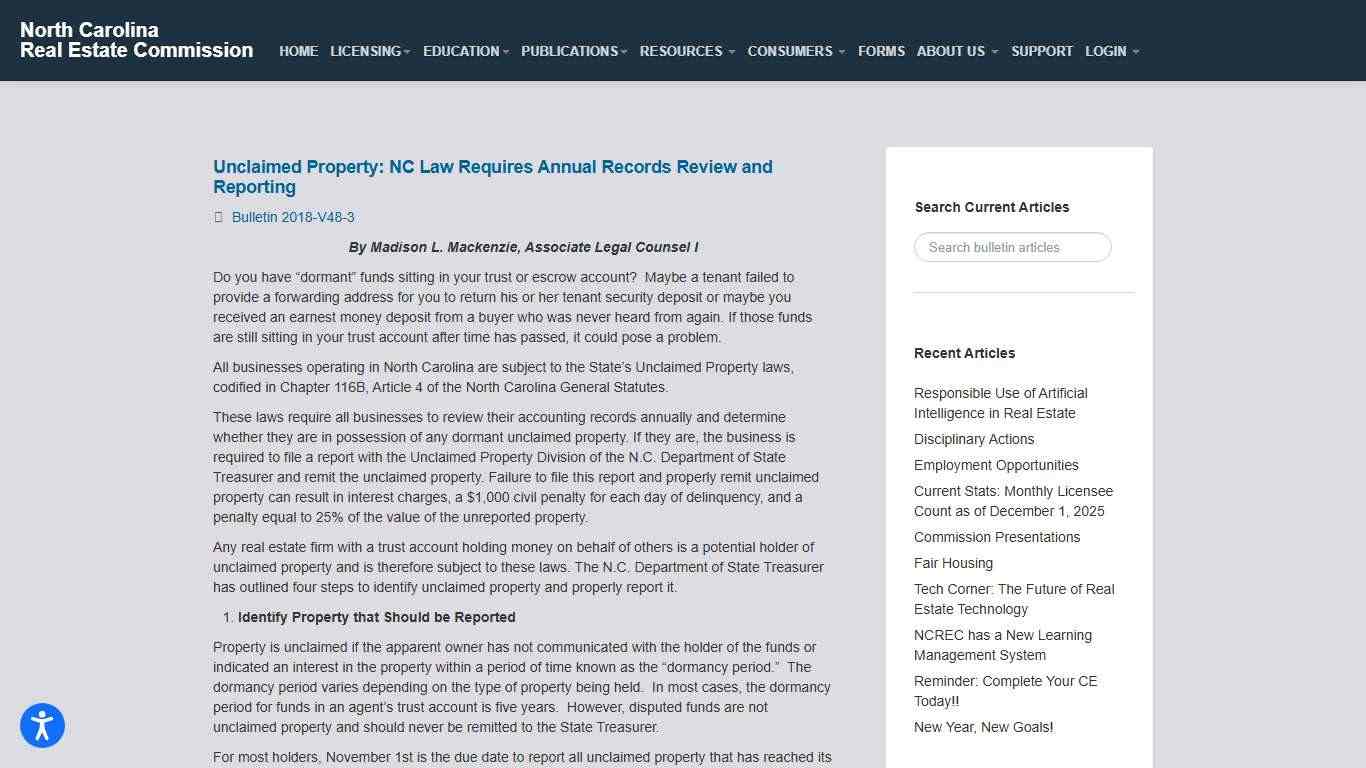 NCREC Bulletins – Unclaimed Property: NC Law Requires Annual Records Review and Reporting